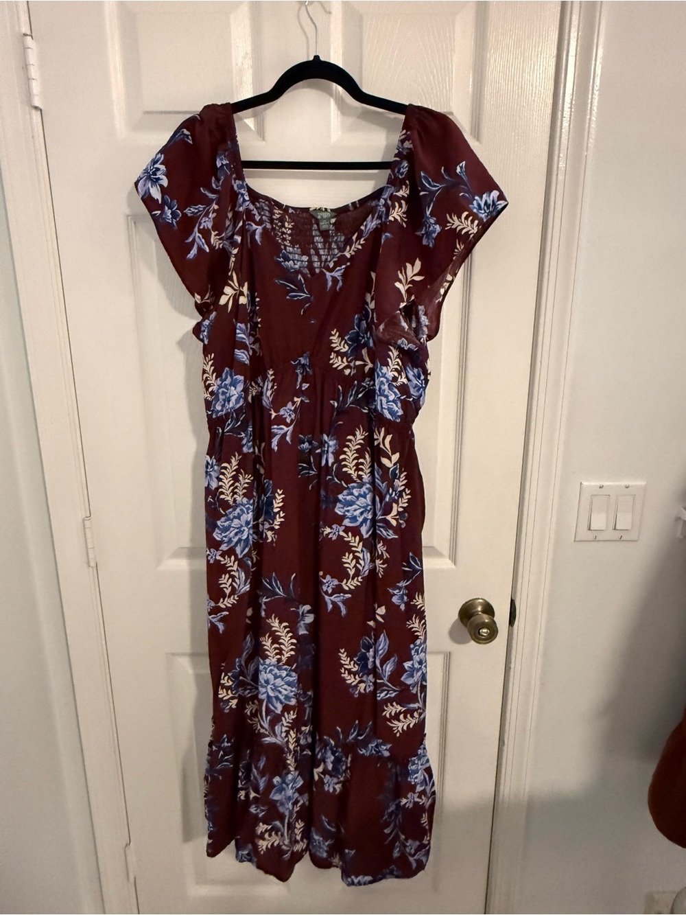 Terra & Sky Burgundy Floral Maxi Dress with Blue and Cream Blooms size 2x